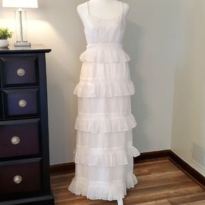 Handmade Vintage Ivory Floor Length Tiered Ruffle Dress with Spaghetti S…
